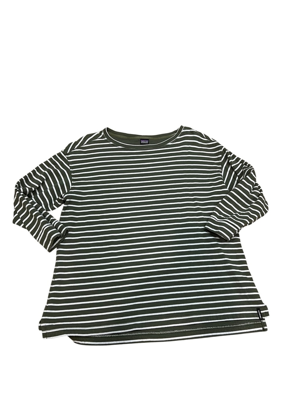 Patagonia Olive Green & White Striped Long Sleeve Top